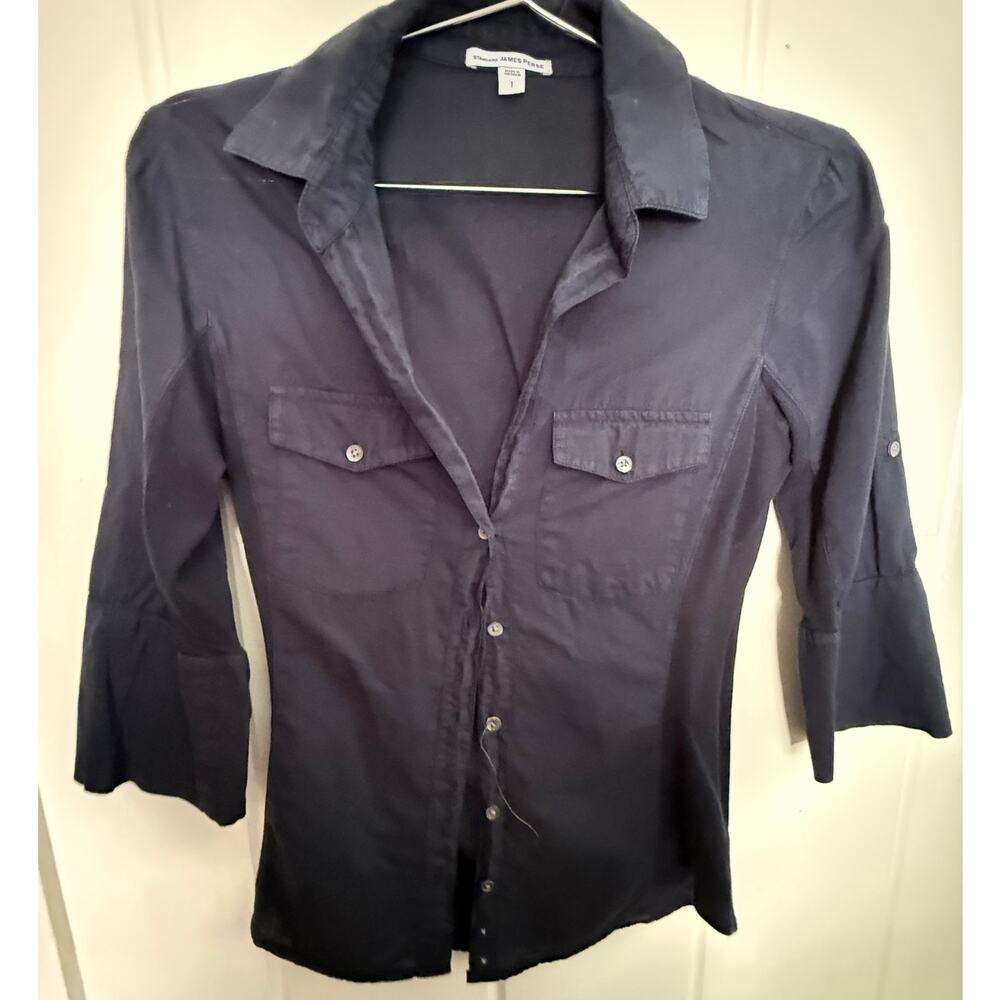 James Perse Standard Slub Cotton Button Down Shirt Teal 3/4 Sleeve Size 1